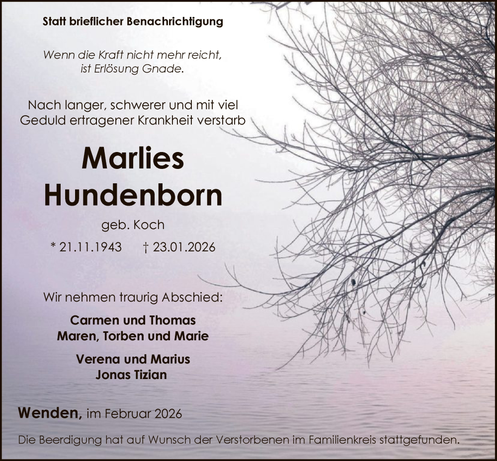  Traueranzeige für Marlies Hundenborn vom 07.02.2026 aus HASK