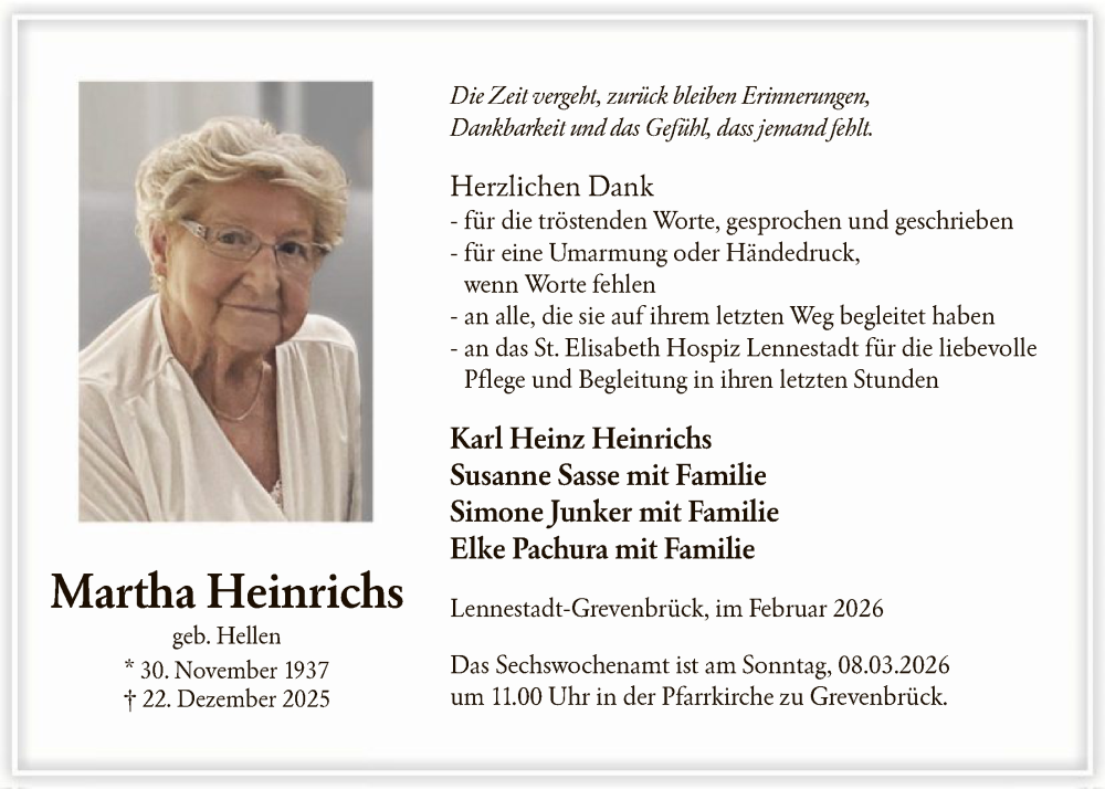  Traueranzeige für Martha Heinrichs vom 28.02.2026 aus HASK