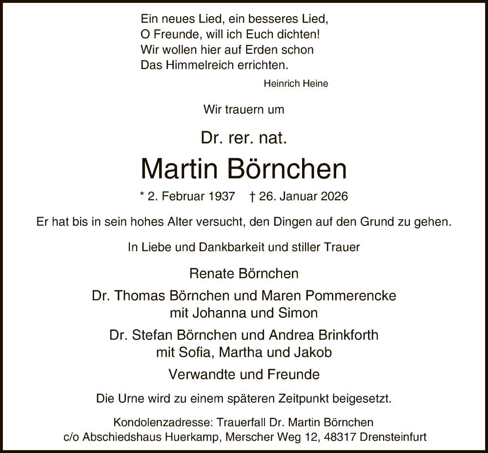  Traueranzeige für Martin Börnchen vom 07.02.2026 aus HAWA