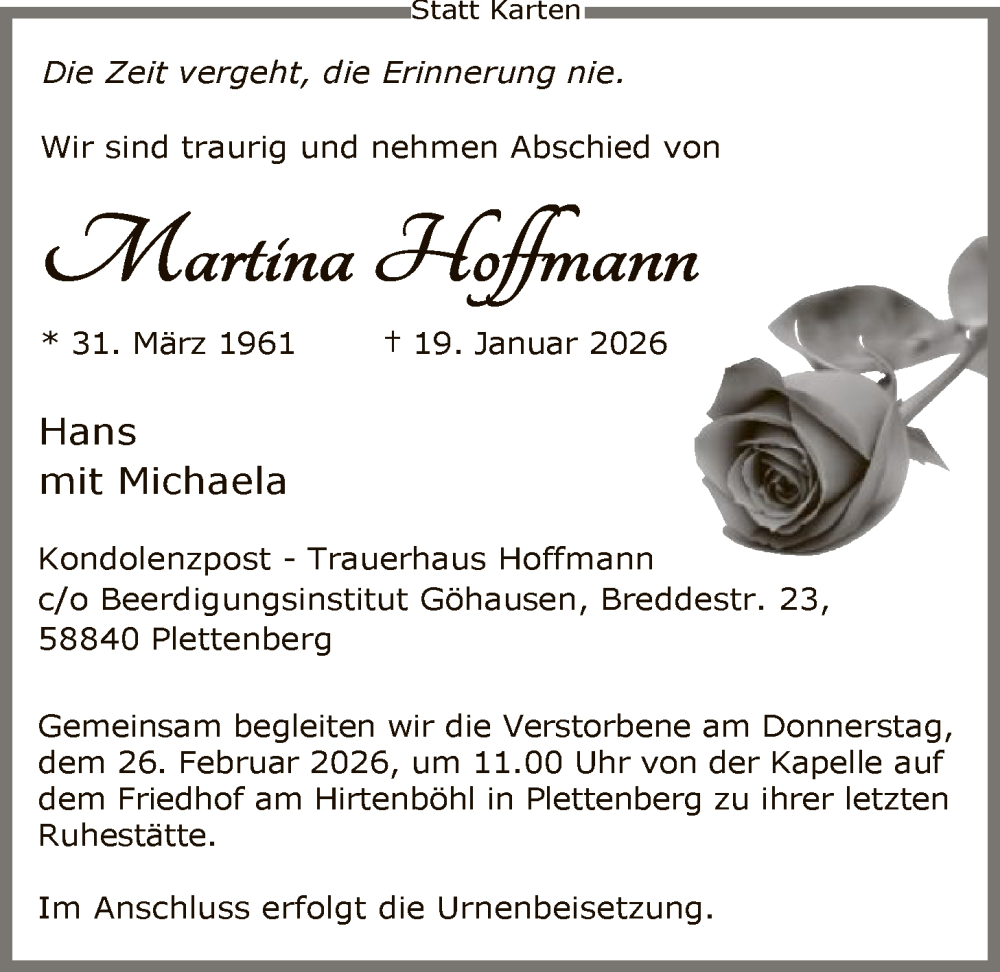  Traueranzeige für Martina Hoffmann vom 21.02.2026 aus HALN