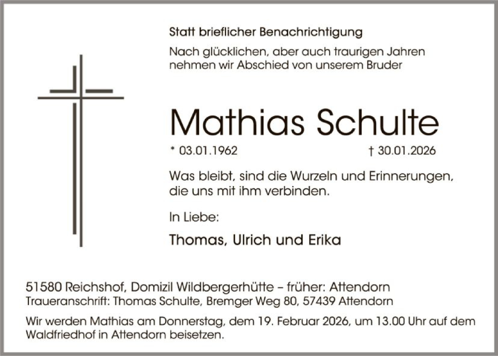  Traueranzeige für Mathias Schulte vom 07.02.2026 aus HASK