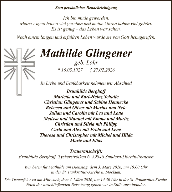 Traueranzeige von Mathilde Glingener von HASK