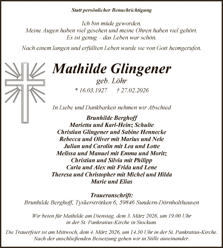  Traueranzeige für Mathilde Glingener vom 28.02.2026 aus HASK