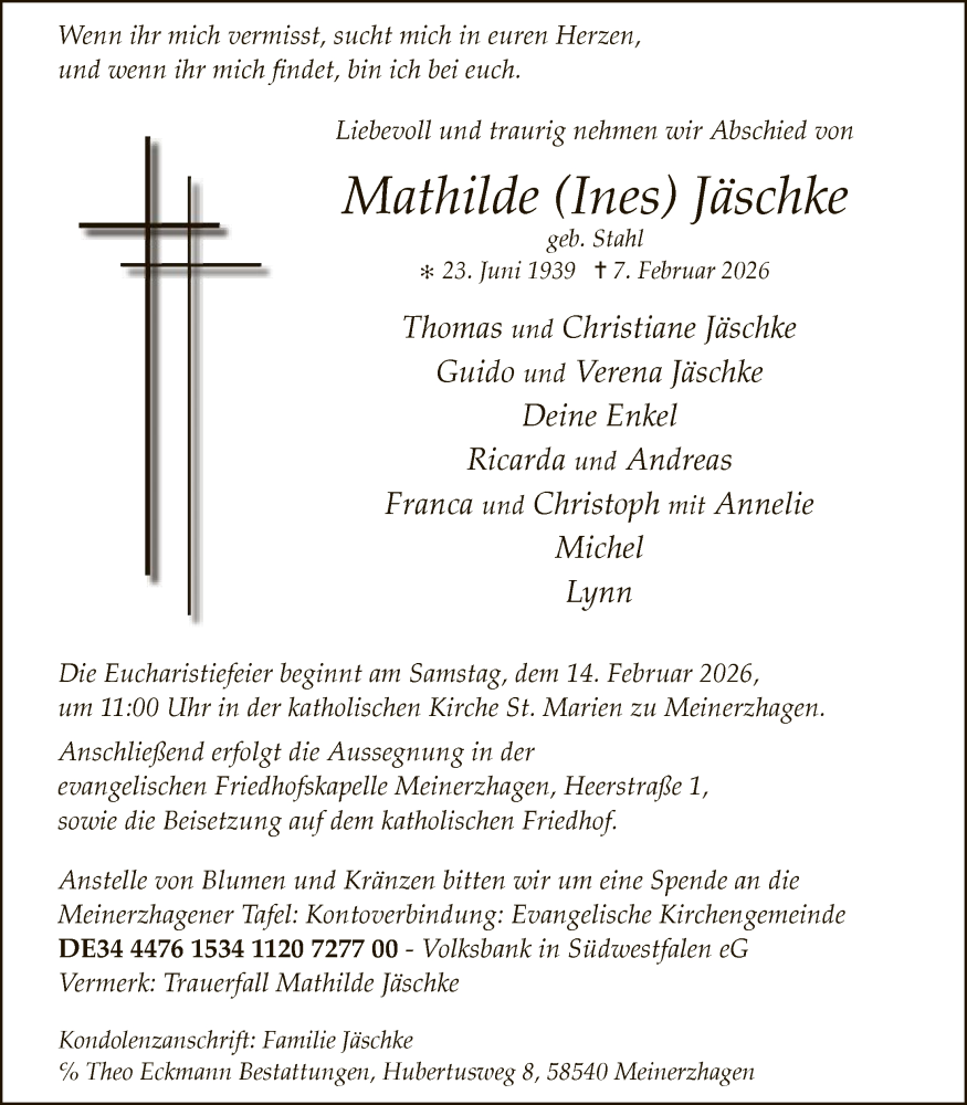  Traueranzeige für Mathilde Jäschke vom 11.02.2026 aus HALN