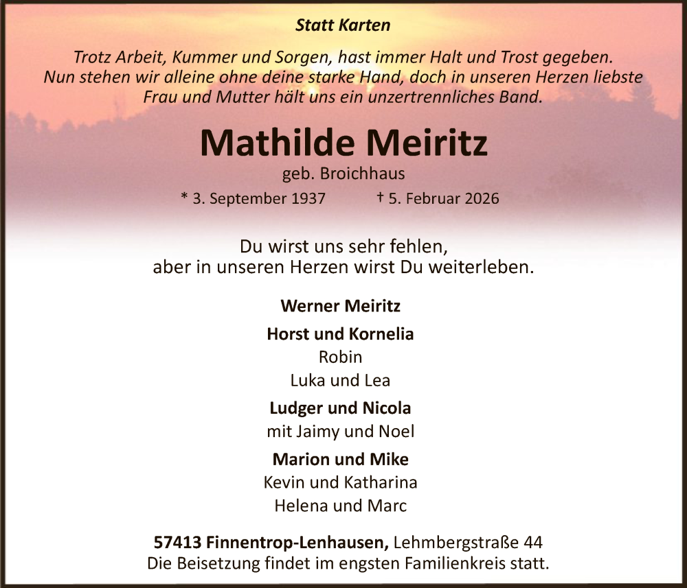  Traueranzeige für Mathilde Meiritz vom 07.02.2026 aus HASK
