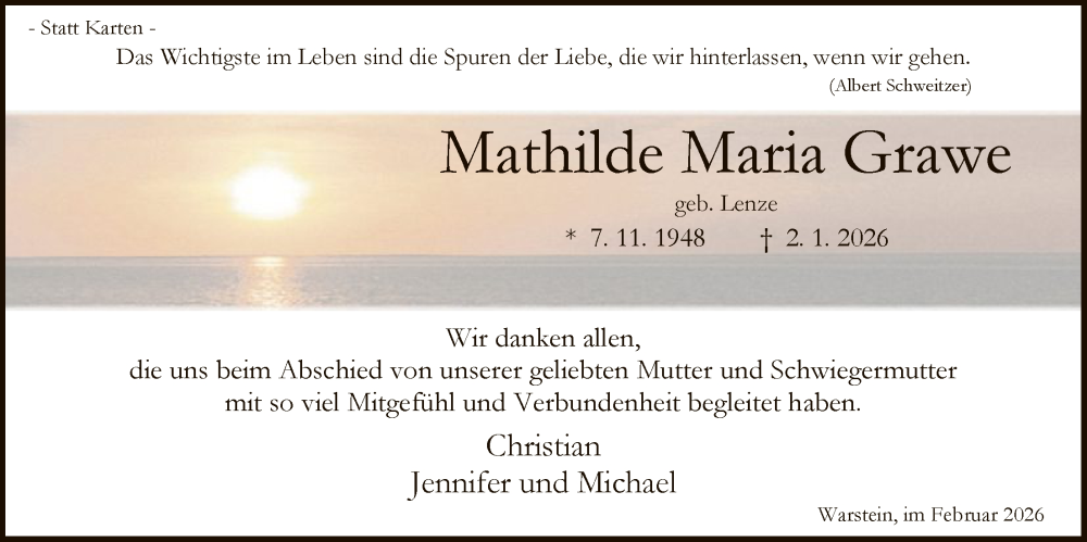  Traueranzeige für Mathilde Maria Grawe vom 28.02.2026 aus HASO