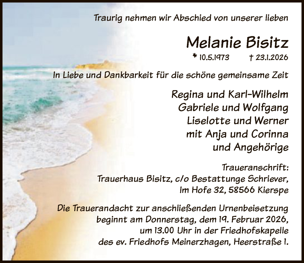  Traueranzeige für Melanie Bisitz vom 14.02.2026 aus HALN