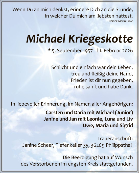 Traueranzeige von Michael Kriegeskotte von HALN