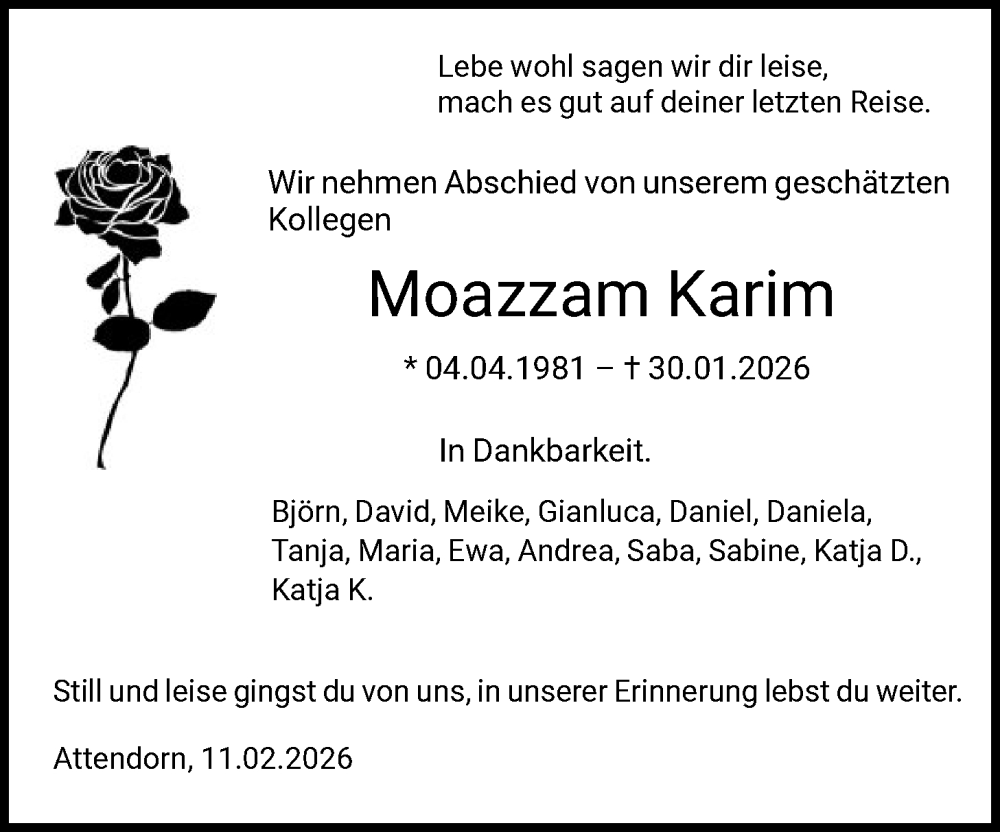  Traueranzeige für Moazzam Karim vom 14.02.2026 aus HASK