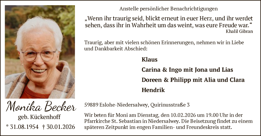  Traueranzeige für Monika Becker vom 07.02.2026 aus HASK