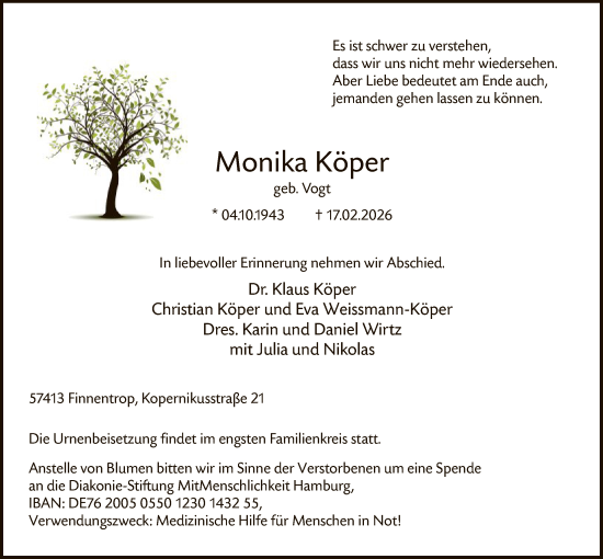 Traueranzeige von Monika Köper von HASK