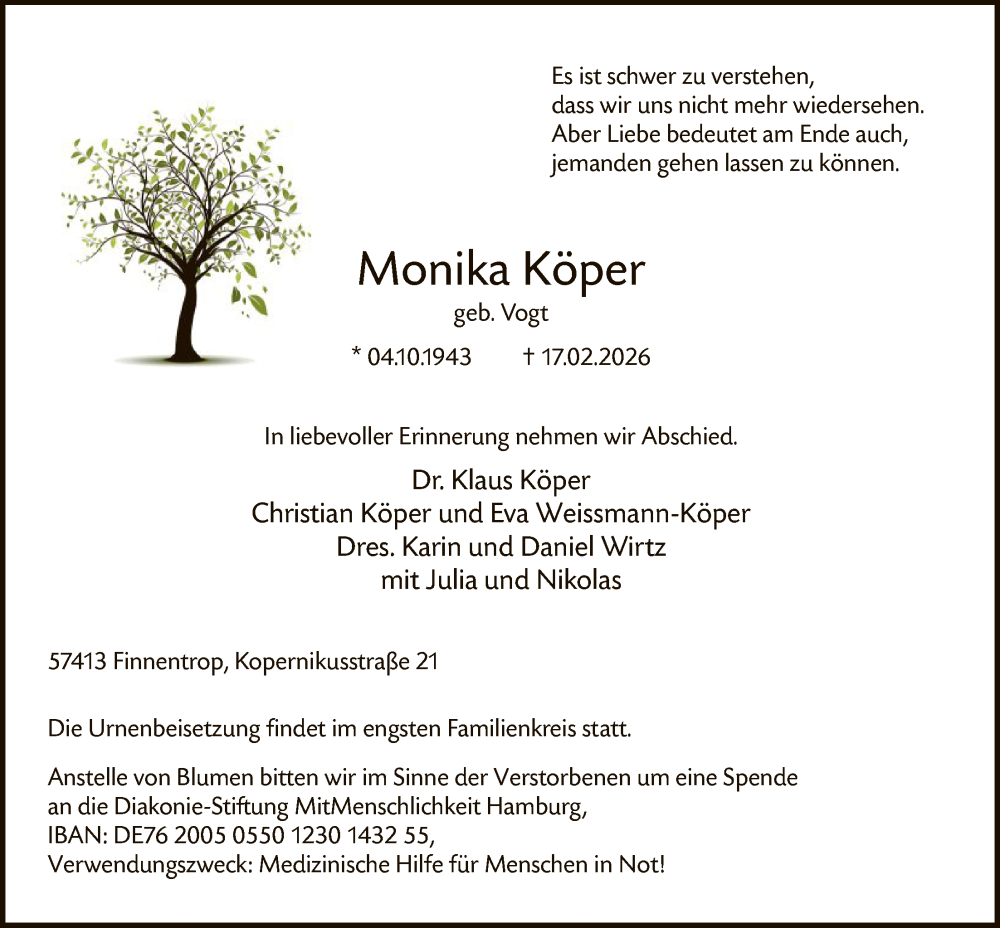  Traueranzeige für Monika Köper vom 28.02.2026 aus HASK
