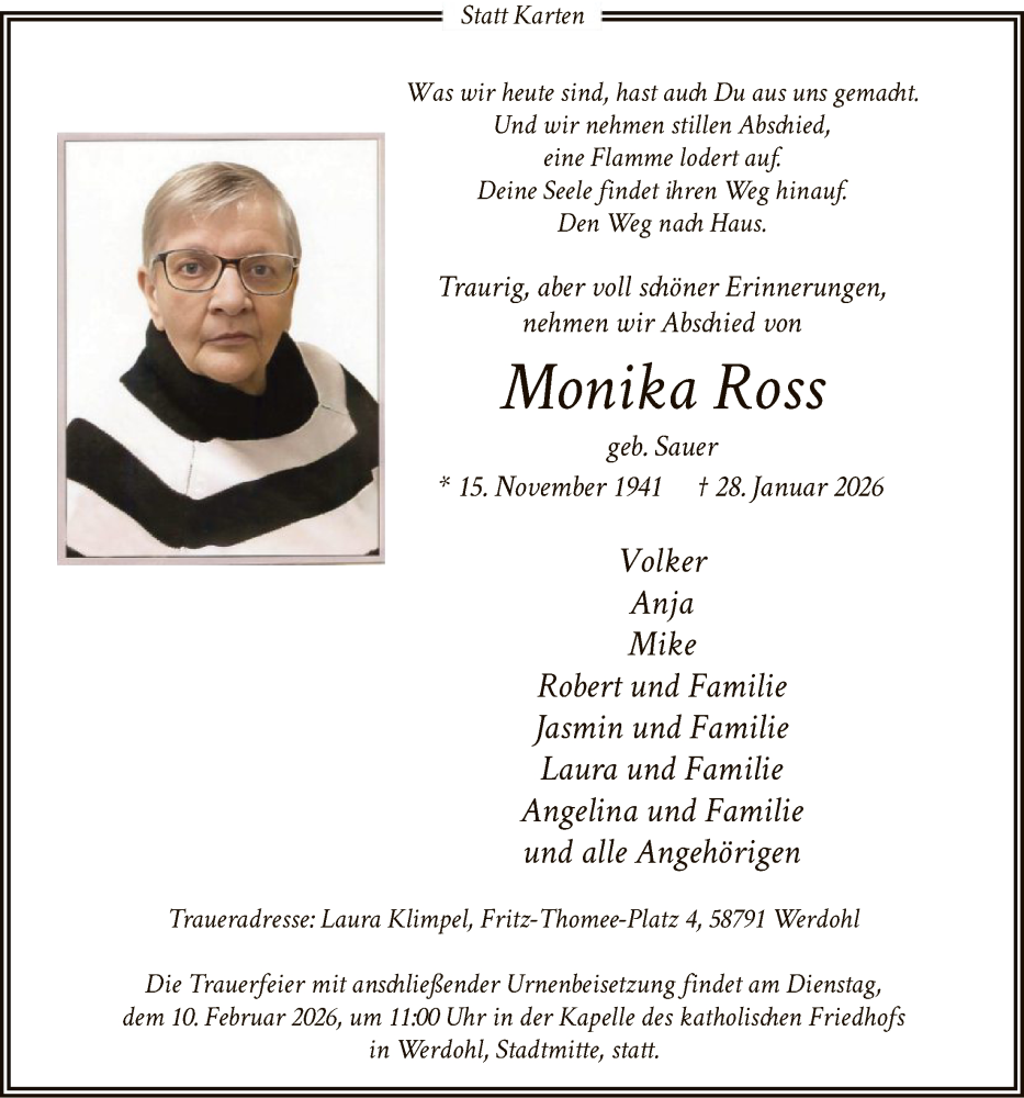  Traueranzeige für Monika Ross vom 07.02.2026 aus HALN