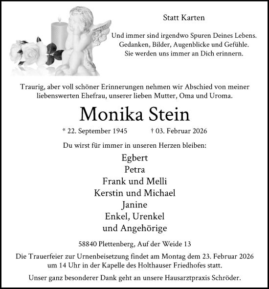 Traueranzeige von Monika Stein von HALN