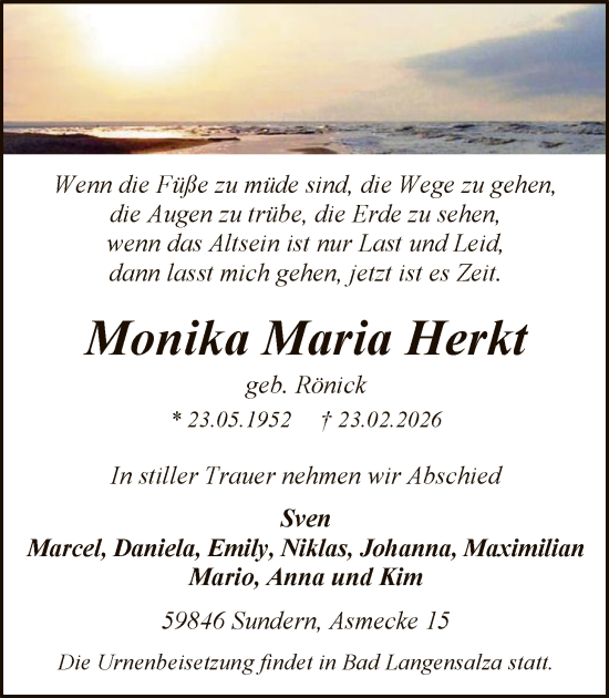 Traueranzeige von Monika Maria Herkt von HASK