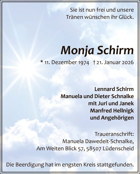 Traueranzeige von Monja Schirm von HALN