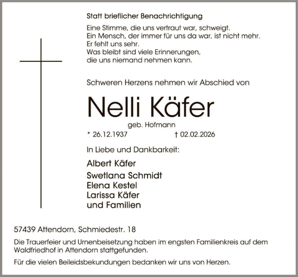 Traueranzeige für Nelli Käfer vom 14.02.2026 aus HASK
