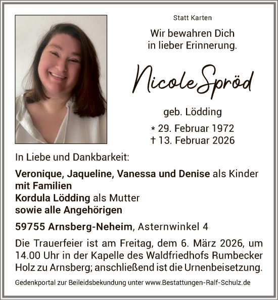 Traueranzeige von Nicole Spröd von HASK