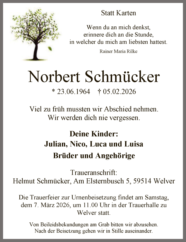  Traueranzeige für Norbert Schmücker vom 25.02.2026 aus HASO