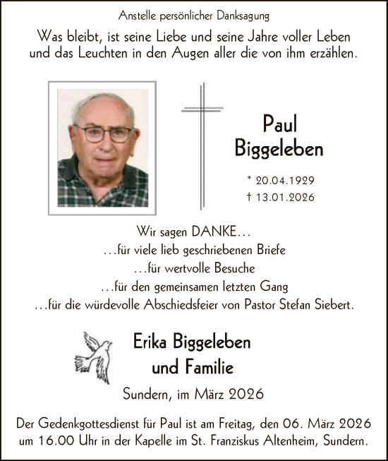 Traueranzeige von Paul Biggeleben von HASK