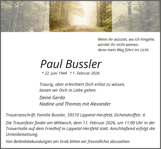 Traueranzeige von Paul Bussler von HASO