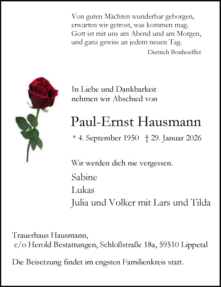  Traueranzeige für Paul-Ernst Hausmann vom 03.02.2026 aus HASO