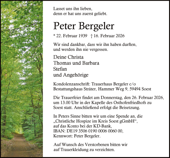 Traueranzeige von Peter Bergeler von HASO