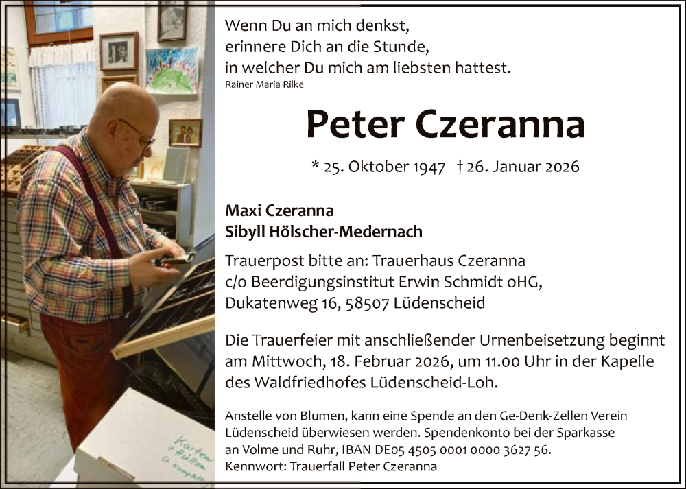  Traueranzeige für Peter Czeranna vom 14.02.2026 aus HALN