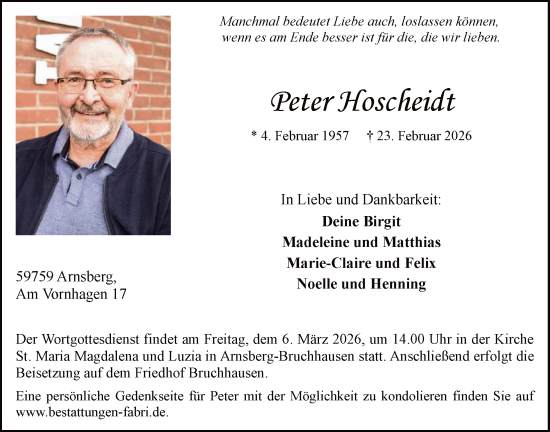 Traueranzeige von Peter Hoscheidt von HASK