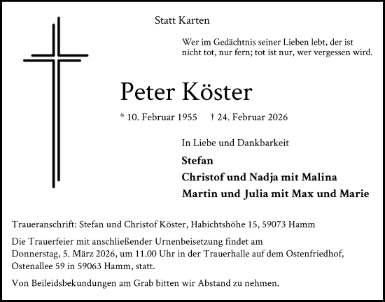 Traueranzeige von Peter Köster von HAWA