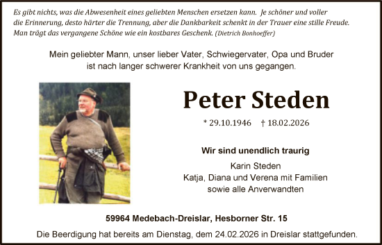 Traueranzeige von Peter Steden von HASK
