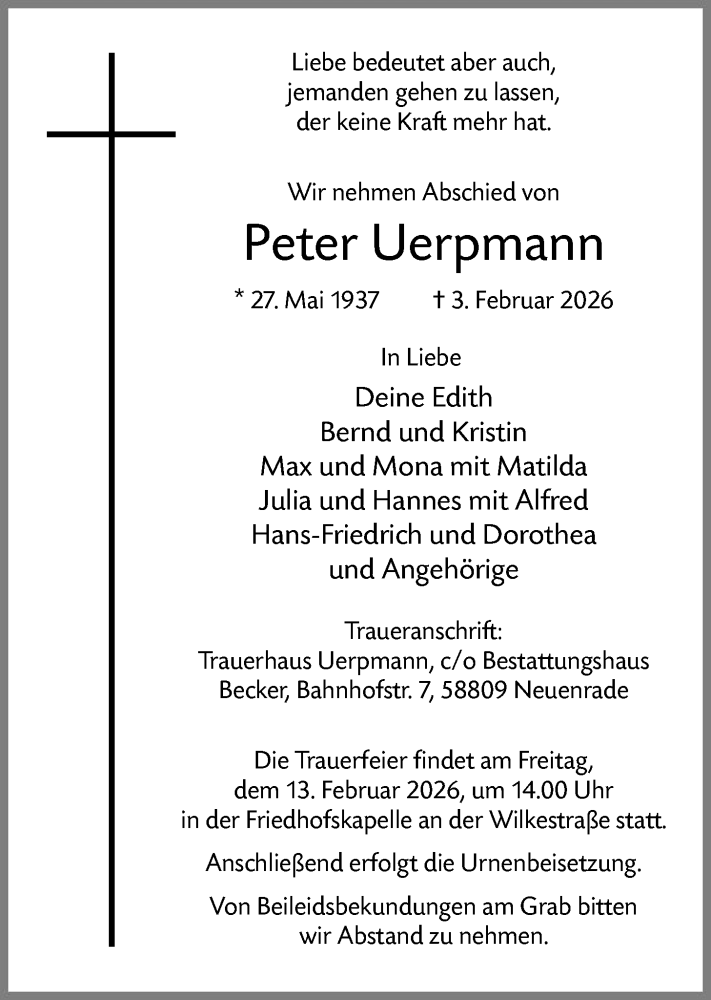  Traueranzeige für Peter Uerpmann vom 07.02.2026 aus HALN