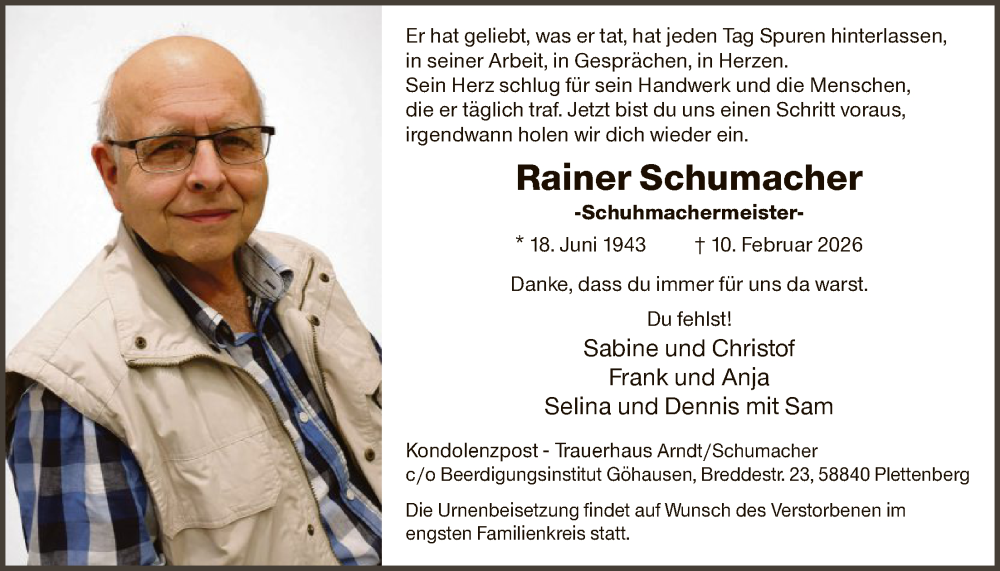  Traueranzeige für Rainer Schumacher vom 14.02.2026 aus HALN