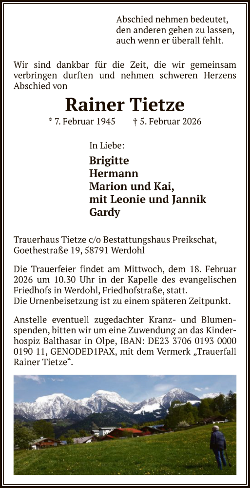 Traueranzeige von Rainer Tietze von HALN