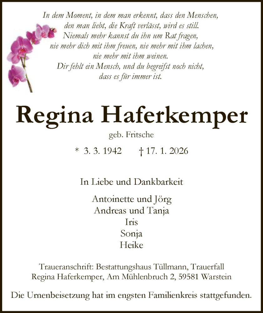  Traueranzeige für Regina Haferkemper vom 07.02.2026 aus HASO