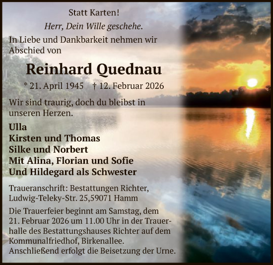 Traueranzeige von Reinhard Quednau von HAWA