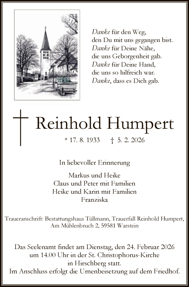  Traueranzeige für Reinhold Humpert vom 14.02.2026 aus HASO