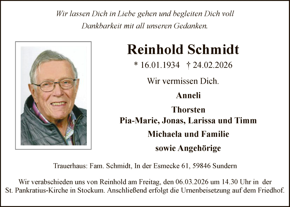  Traueranzeige für Reinhold Schmidt vom 28.02.2026 aus HASK