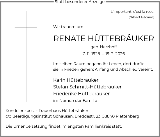 Traueranzeige von Renate Hüttebräuker von HALN