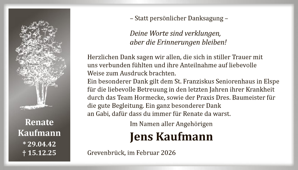  Traueranzeige für Renate Kaufmann vom 28.02.2026 aus HASK