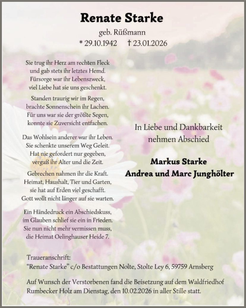  Traueranzeige für Renate Starke vom 14.02.2026 aus HASK