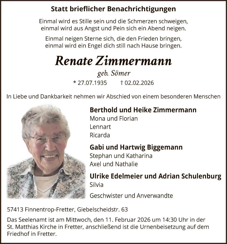 Traueranzeige für Renate Zimmermann vom 07.02.2026 aus HASK