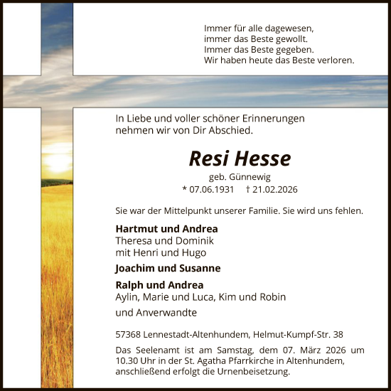 Traueranzeige von Resi Hesse von HASK