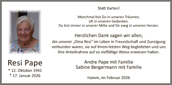 Traueranzeige von Resi Pape von HAWA