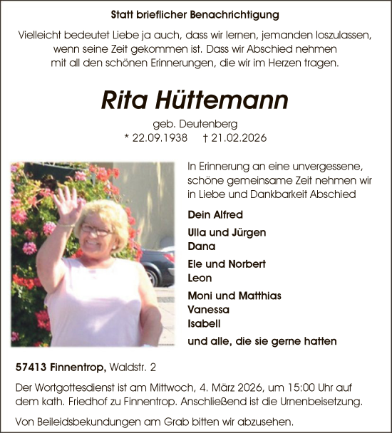 Traueranzeige von Rita Hüttemann von HASK