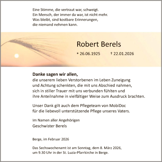 Traueranzeige von Robert Berels von HASK