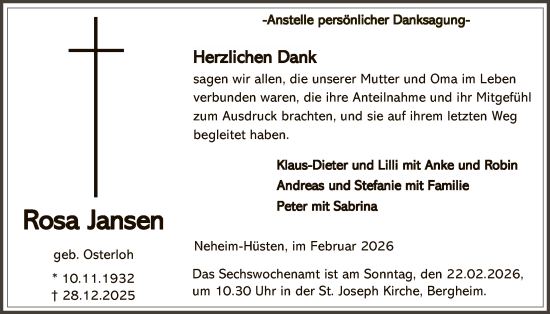 Traueranzeige von Rosa Jansen von HASK