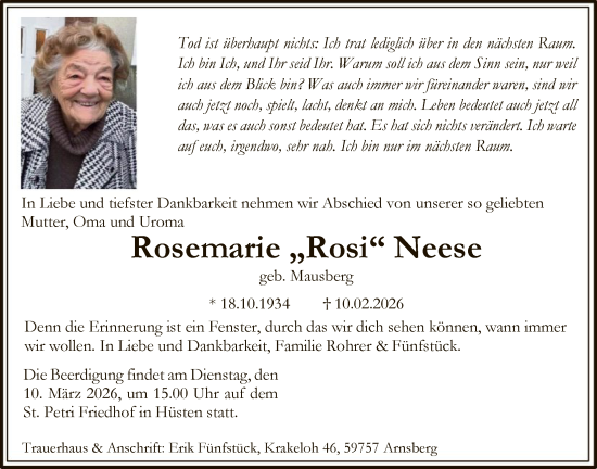 Traueranzeige von Rosemarie Neese von HASK