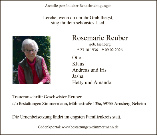 Traueranzeige von Rosemarie Reuber von HASK