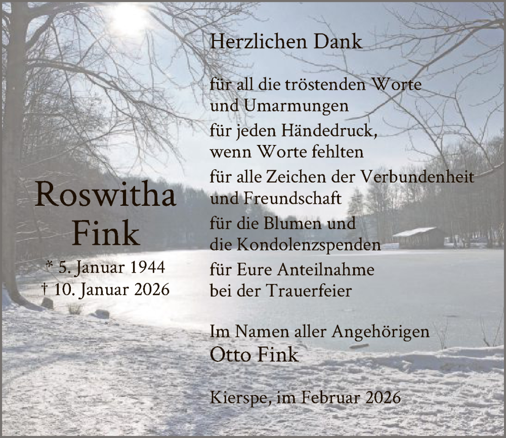  Traueranzeige für Roswitha Fink vom 07.02.2026 aus HALN